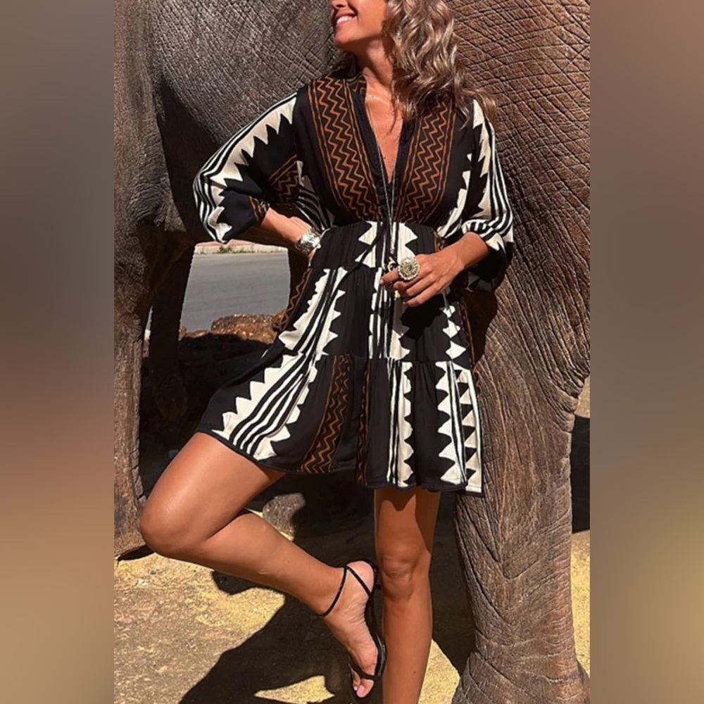 Boho Print Babydoll Mini Dress